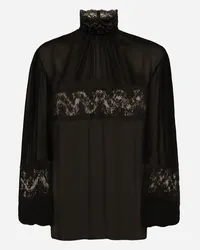 Dolce & Gabbana Blusa Collo Alto In Georgette E Pizzo - Donna Camicie E Top Nero Seta Nero