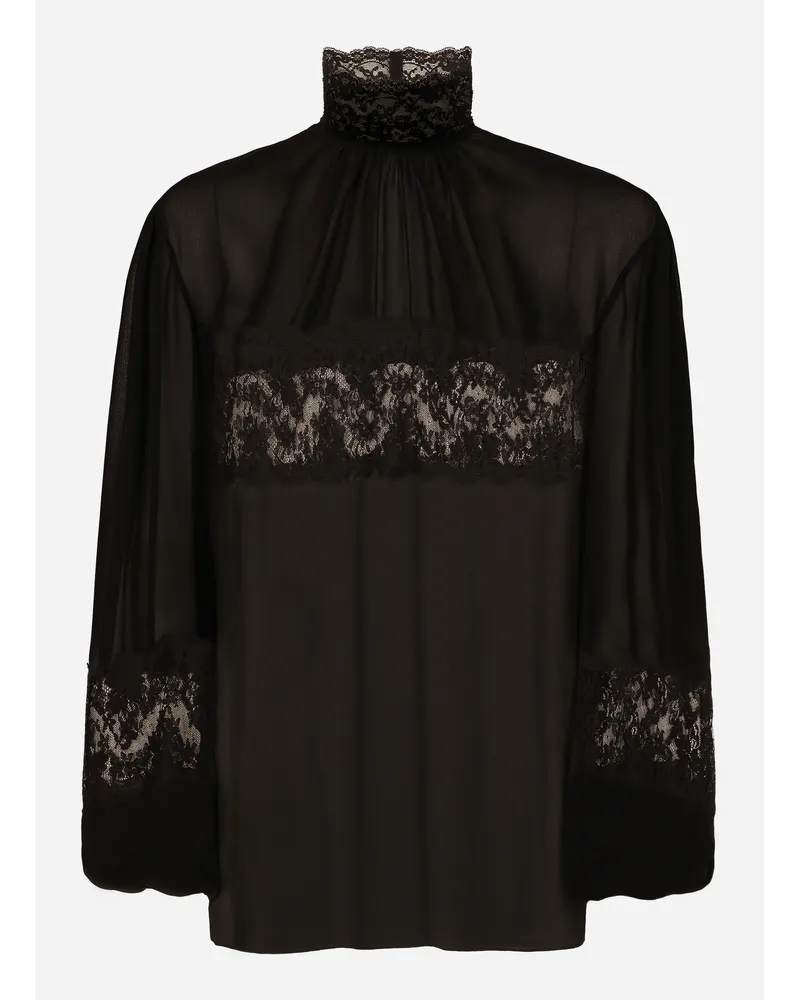 Dolce & Gabbana Blusa Collo Alto In Georgette E Pizzo - Donna Camicie E Top Nero Seta Nero