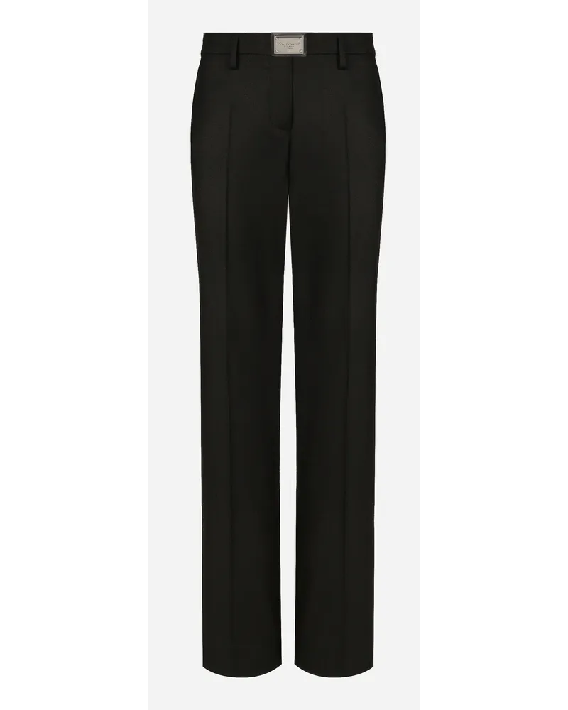 Dolce & Gabbana Pantaloni Flare In Flanella Con Placca Logata - Donna Pantaloni E Shorts Nero Lana Nero