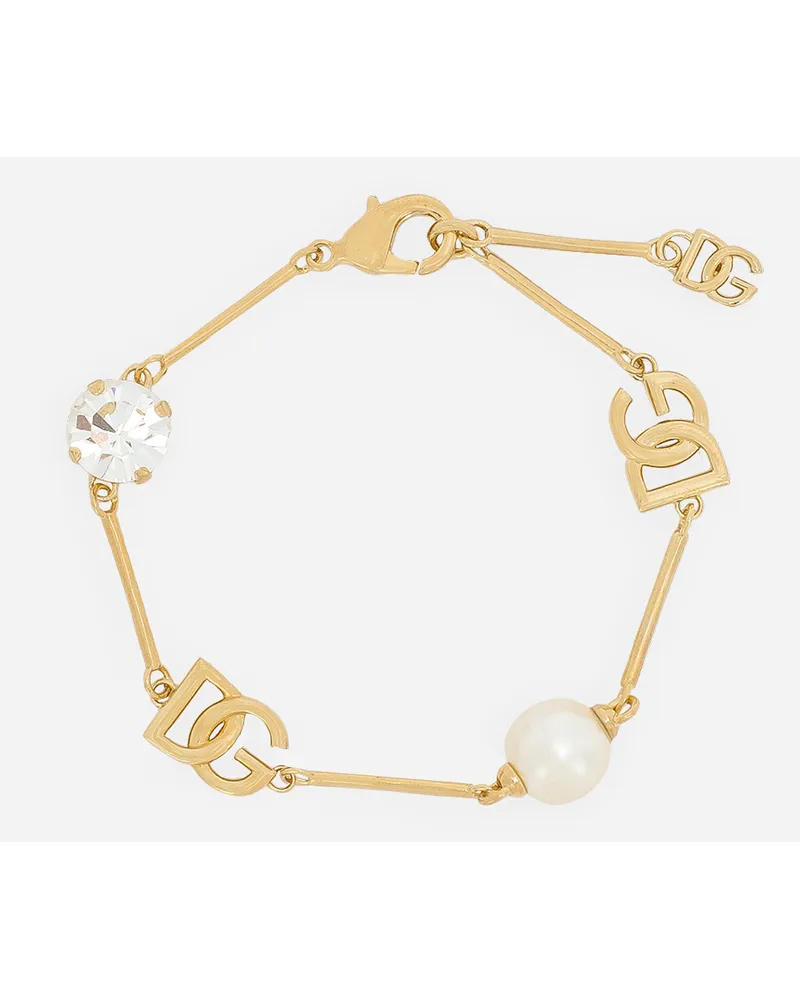 Dolce & Gabbana Bracciale Con Logo Dg, Strass E Perla - Donna Bijoux Oro Metallo Oro
