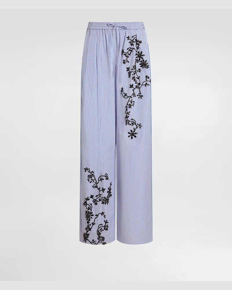 Dolce & Gabbana Pantaloni In Popeline Rigato Con Ricamo Fiori - Donna Pantaloni E Shorts Multicolore Ricamati