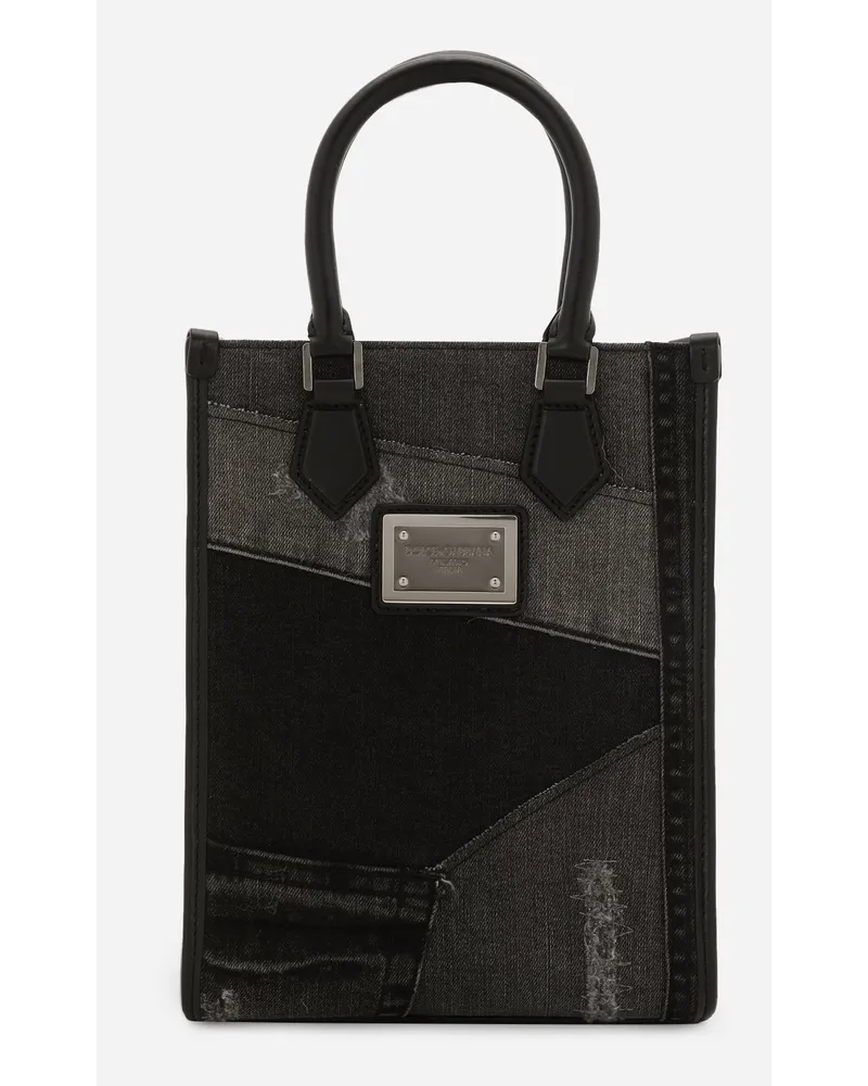Dolce & Gabbana Shopping Piccola In Denim Patchwork - Uomo Borse Shopping Nero Denim Nero
