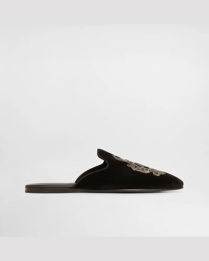 Dolce & Gabbana Pantofola In Velluto Con Ricamo Blasone - Uomo Driver E Mocassini Multicolore Velluto Nero