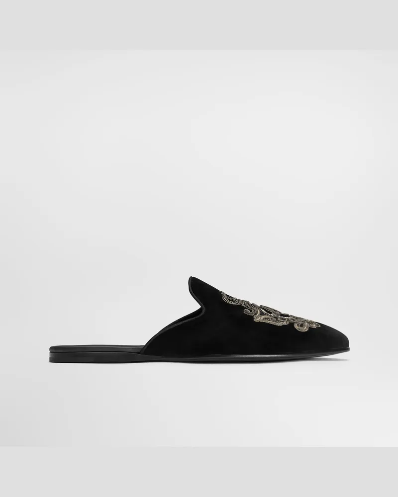 Dolce & Gabbana Pantofola In Velluto Con Ricamo Blasone - Uomo Driver E Mocassini Multicolore Velluto Nero