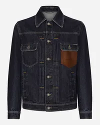 Dolce & Gabbana Giubbotto In Denim Con Placca Embossed Su Pelle - Uomo Denim Multicolore Variante