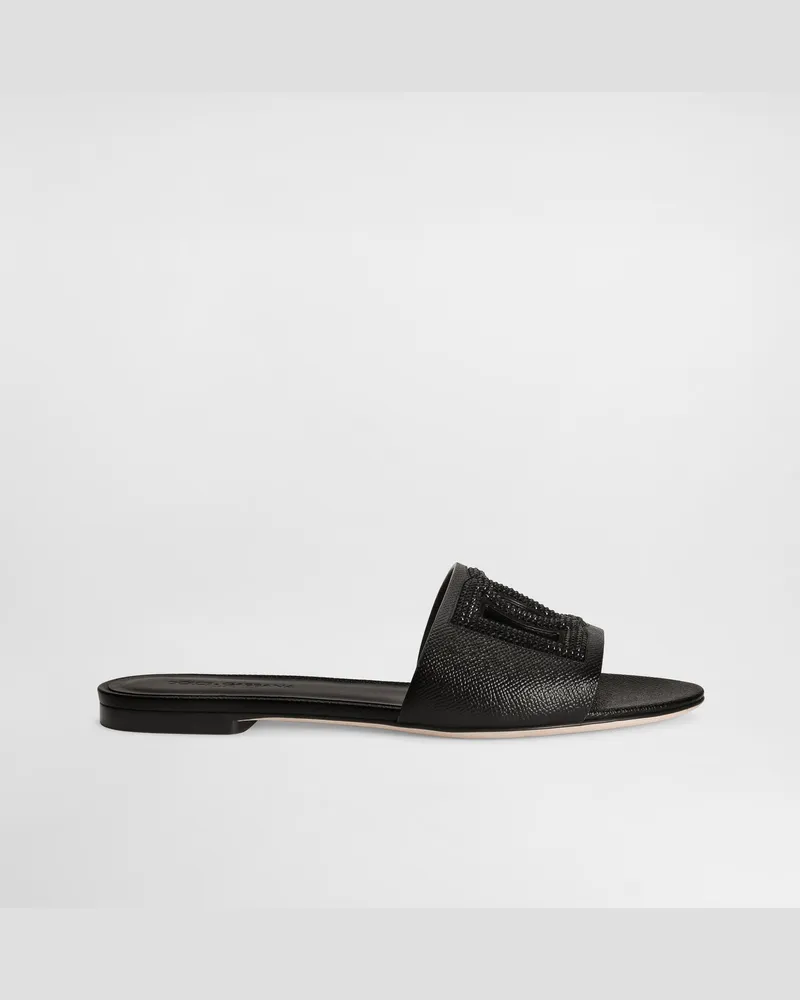 Dolce & Gabbana Ciabatta Flat In Pelle Di Vitello Dauphine E Suede Con Strass - Donna Slide E Mule Nero Nero
