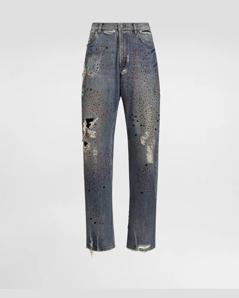 Dolce & Gabbana Pantaloni In Denim Con Strass - Uomo Denim Multicolore Variante