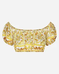 Dolce & Gabbana Top Corto In Popeline Di Cotone Stampa Maiolica - Donna Camicie E Top Stampa Cotone Stampa