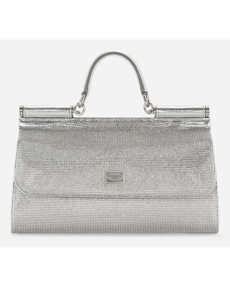 Dolce & Gabbana Borsa Sicily In Raso E Termostrass - Donna Borse A Mano Argento Viscosa Crystal