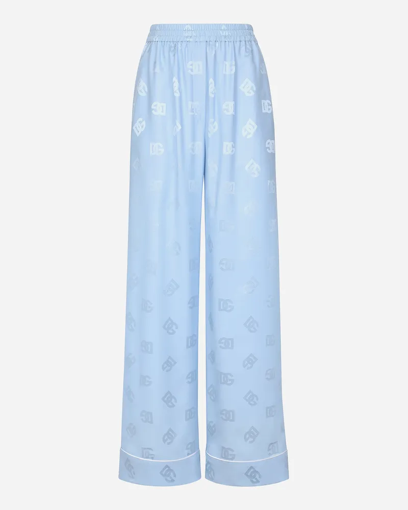 Dolce & Gabbana Pantaloni Pigiama In Raso Di Seta Jacquard Logo Dg Allover - Donna Pantaloni E Shorts Azzurro Azzurro