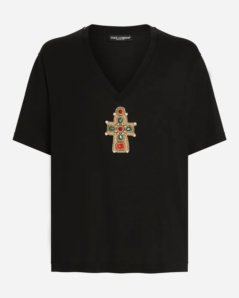 Dolce & Gabbana T-shirt In Cotone Scollo A V E Patch - Uomo T-shirts E Polo Nero Nero