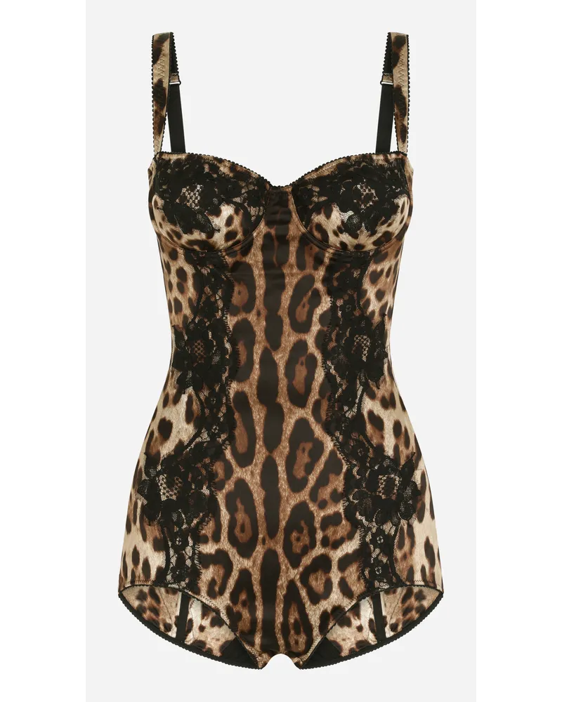 Dolce & Gabbana Body Intimo A Balconcino In Seta Con Dettagli In Pizzo Stampa Leopardo - Donna Intimo Stampa Animalier Cotone Leo
