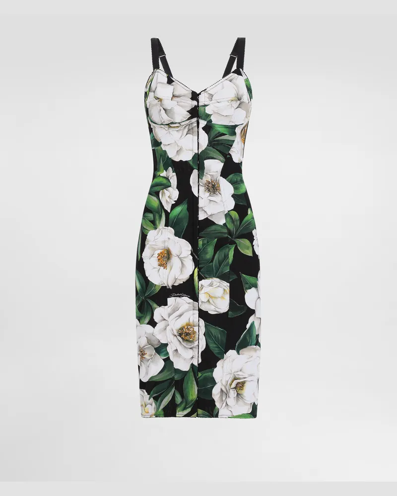 Dolce & Gabbana Abito Midi In Elastico Marquisette Stampa Gardenia - Donna Abiti Stampa Stampa