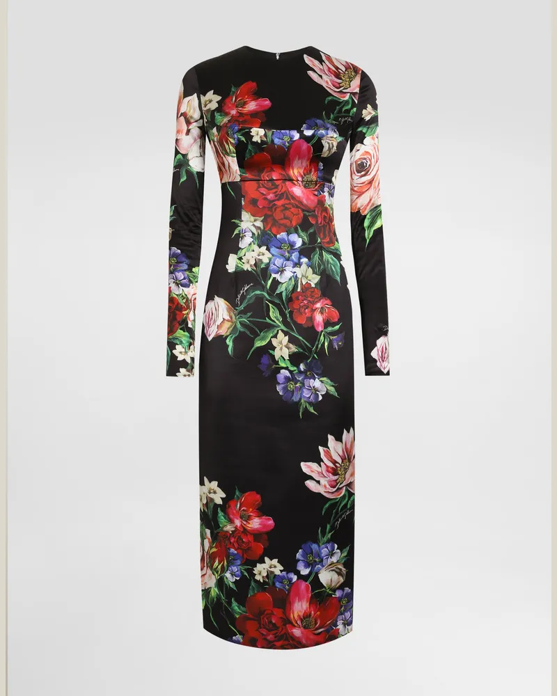 Dolce & Gabbana Abito Longuette Girocollo In Raso Stampa Fiori - Donna Abiti Stampa Stampa