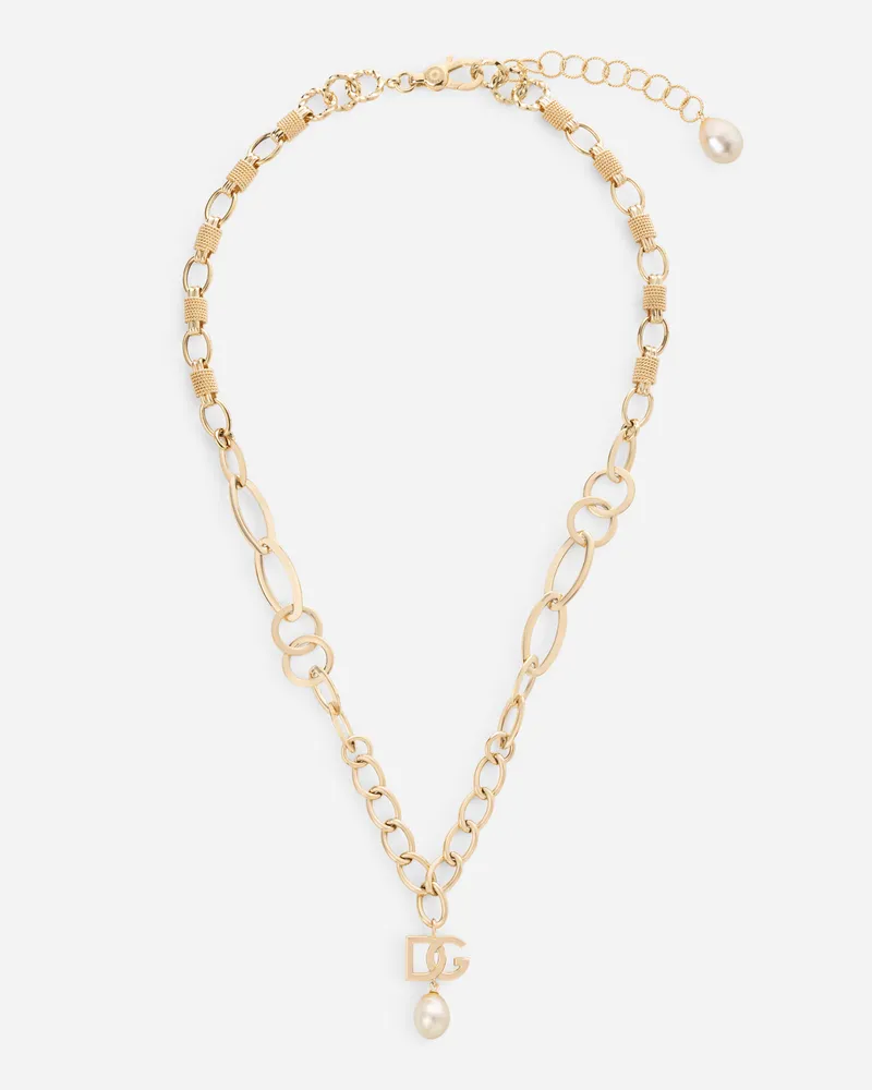 Dolce & Gabbana Logo Necklace In Yellow 18kt Gold With Pearl - Donna Collane Oro Oro