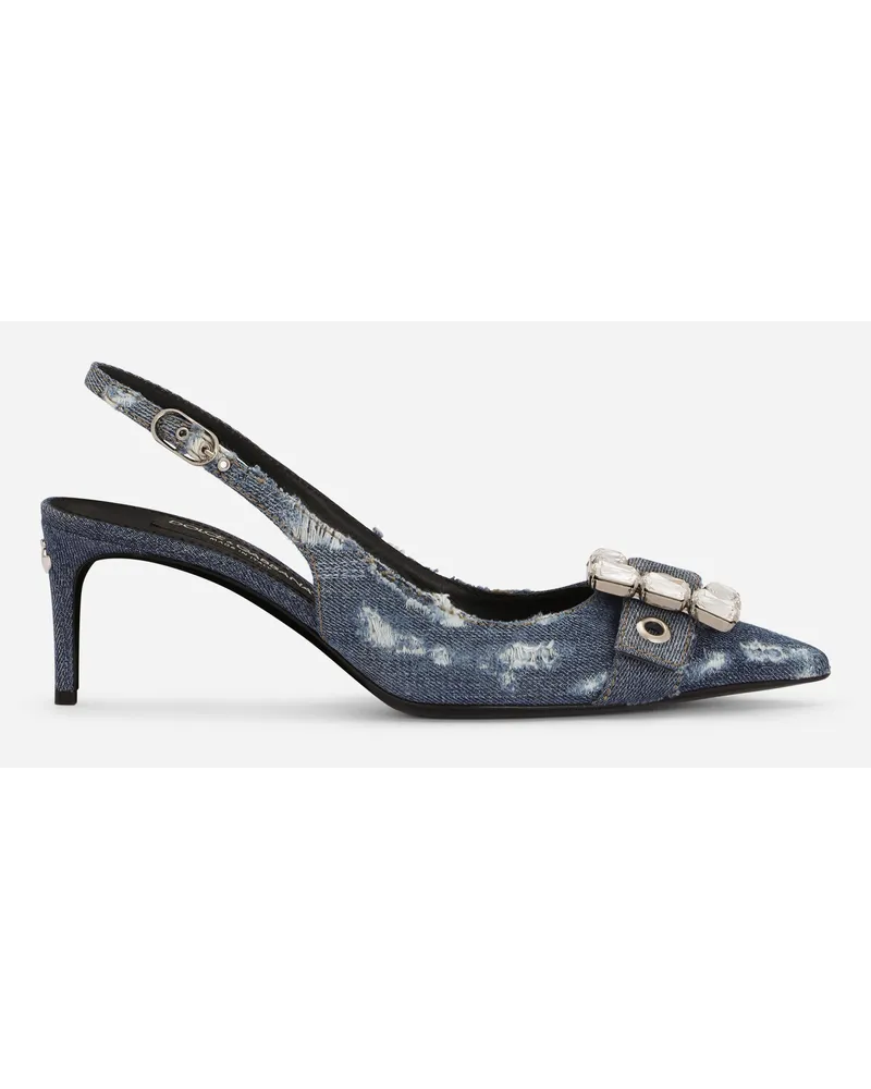 Dolce & Gabbana Patchwork Denim Slingbacks With Rhinestone Buckle - Donna Décolleté E Slingback Blu Denim Blu