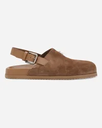 Dolce & Gabbana Sabot In Suede Con Targhetta Logata - Uomo Sandali E Slide Marrone Marrone