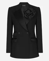 Dolce & Gabbana Giacca Doppiopetto In Tela Di Lana Con Fiore Applicato - Donna Giacche E Blazer Nero Lana Nero