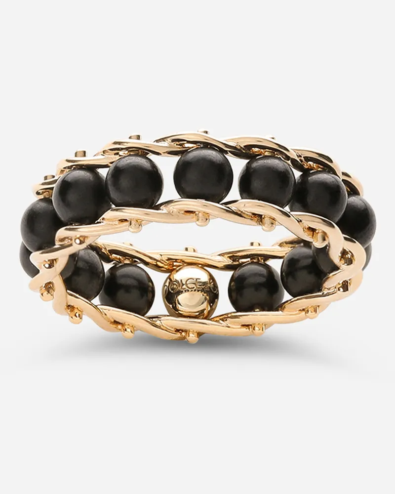 Dolce & Gabbana Tradition Yellow Gold Rosary Band Ring With Black Jades - Uomo Anelli Oro Oro