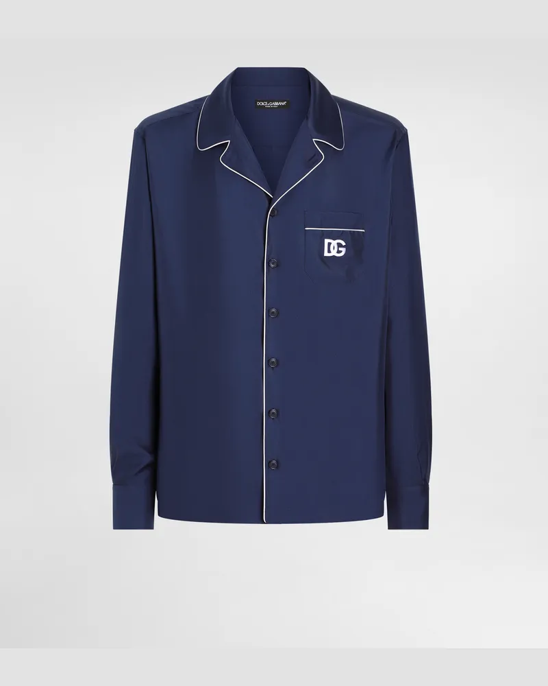 Dolce & Gabbana Camicia In Seta Con Patch Ricamo Logo Dg - Uomo Camicie Blu Seta Blu
