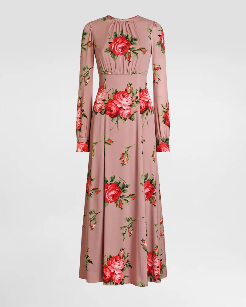 Dolce & Gabbana Abito Lungo In Charmeuse Stampa Bouquet Rose - Donna Abiti Multicolore Multicolore