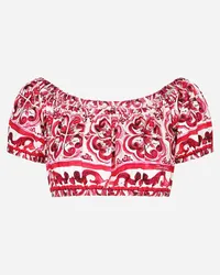 Dolce & Gabbana Top Corto In Popeline Stampa Maiolica - Donna Camicie E Top Fucsia Cotone Tris