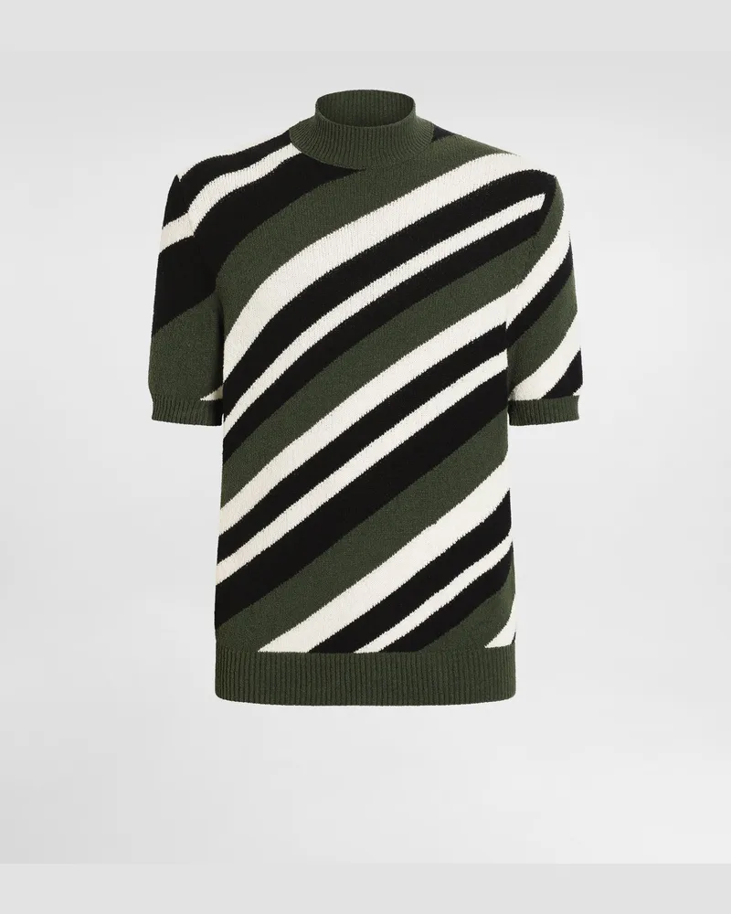 Dolce & Gabbana Lupetto Maniche Corte In Cotone Intarsio Righe - Uomo Maglieria Verde Verde