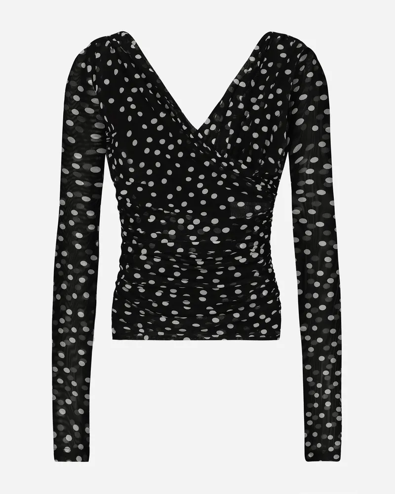 Dolce & Gabbana Top Scollo Incrociato In Tulle Stampa Pois - Donna Camicie E Top Stampa Stampa