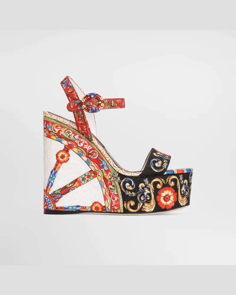 Dolce & Gabbana Sandalo Zeppa In Broccato Stampa Carretto - Donna Sandali E Zeppe Multicolore Multicolore