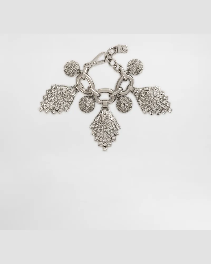 Dolce & Gabbana Maxi Bracciale Con Catena E Decori In Strass E Logo Dg - Donna Bijoux Argento Metallo Argento