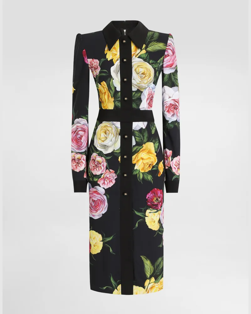 Dolce & Gabbana Abito Longuette Chemisier In Cady Stampa Peonie E Rose - Donna Abiti Stampa Stampa