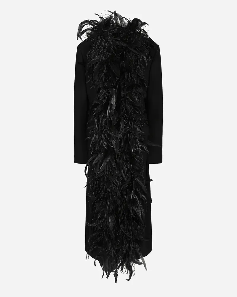 Dolce & Gabbana Cappotto Doppiopetto In Crêpe Di Lana Con Cintura E Applicazione Piume Di Gallo - Donna Cappotti E Giubbotti Nero Lana Nero