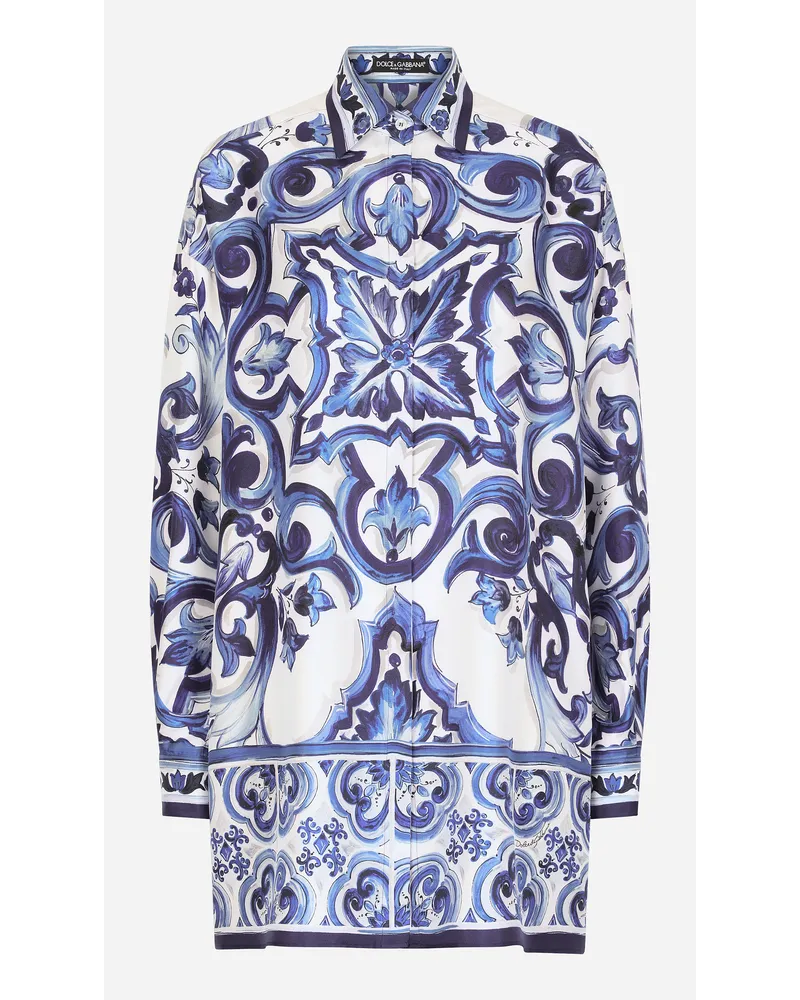 Dolce & Gabbana Camicia In Twill Di Seta Stampa Maioliche - Donna Camicie E Top Blu Tris