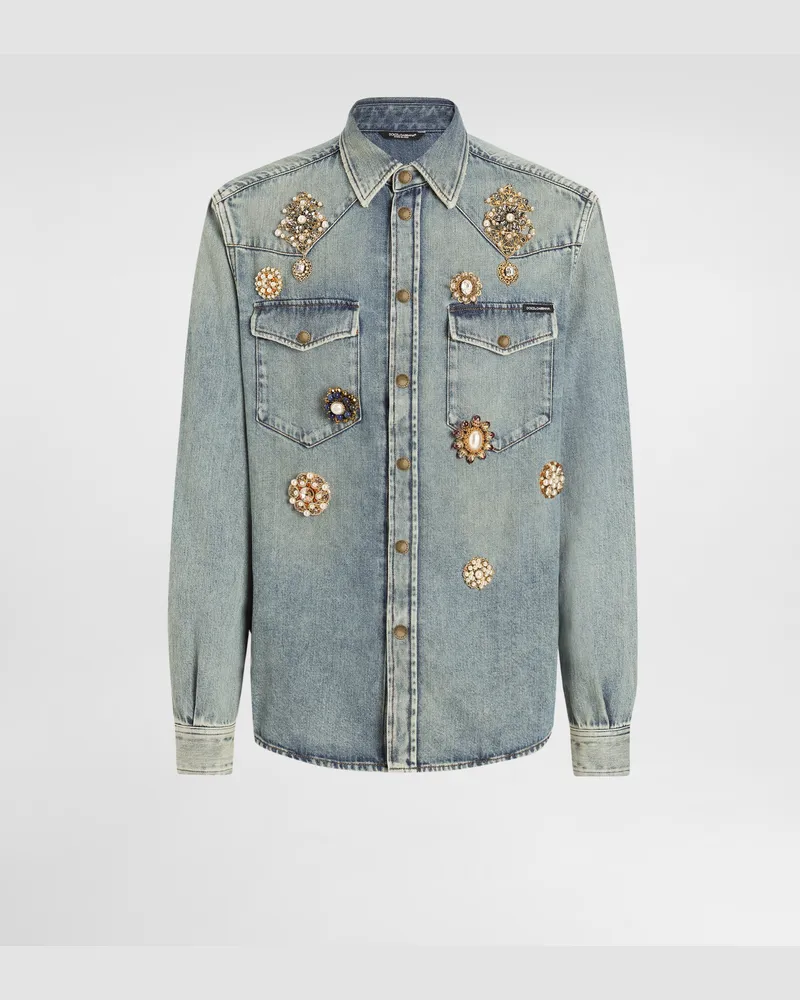Dolce & Gabbana Camicia In Denim Con Applicazioni Gioiello - Uomo Denim Multicolore Variante