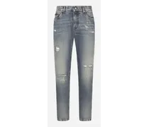 Jeans Regular Denim Blu Con Abrasioni - Uomo Denim Multicolore