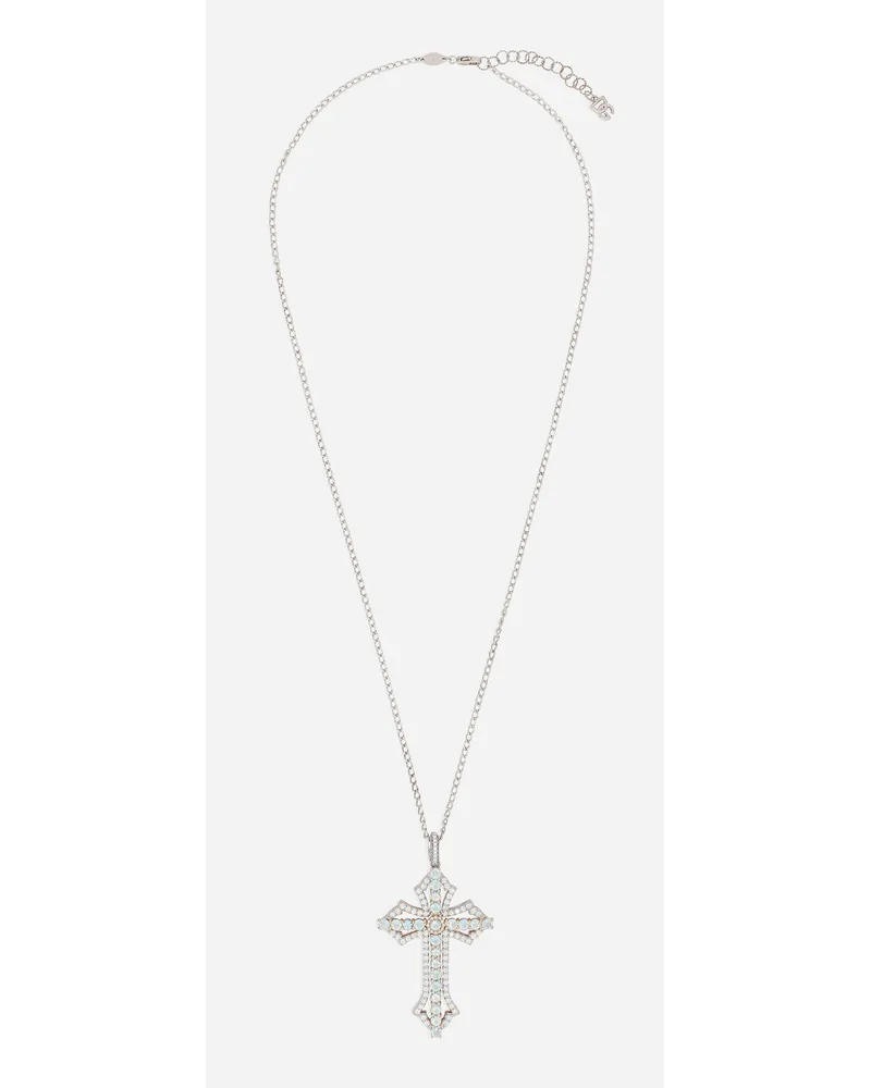 Dolce & Gabbana Pendente Tradition In Oro Bianco 18kt Con Acque Marine E Diamanti - Uomo Collane Bianco Bianco