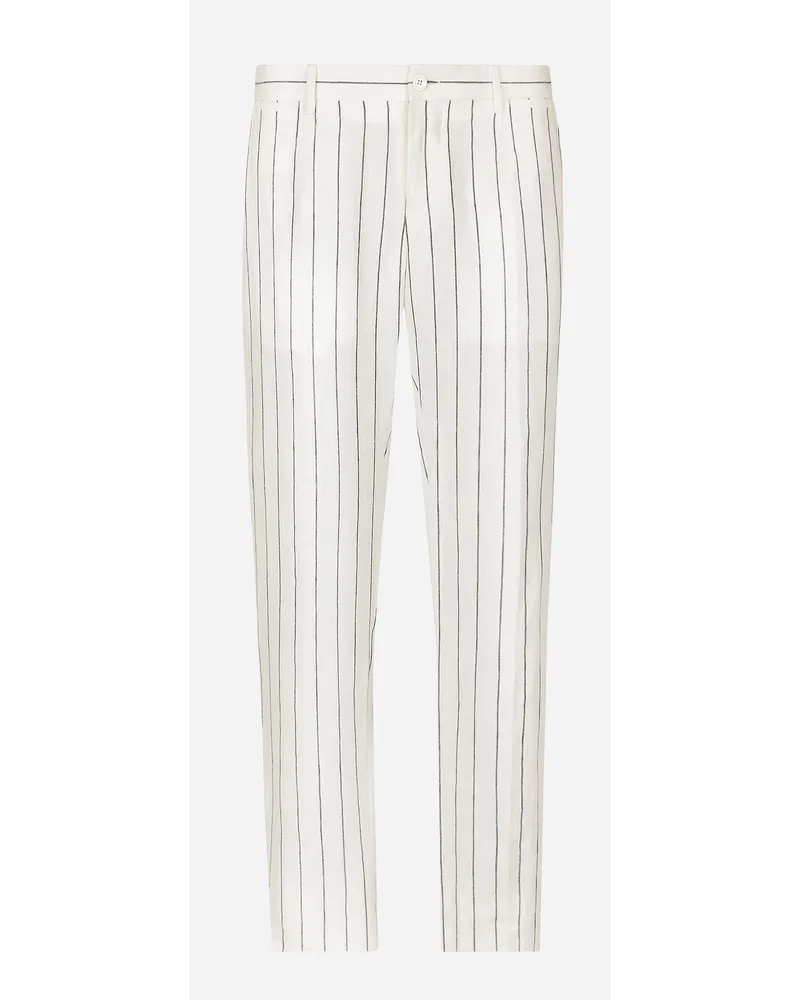 Dolce & Gabbana Pantalone Gessato In Lino - Uomo Pantaloni E Shorts Bianco Rigato