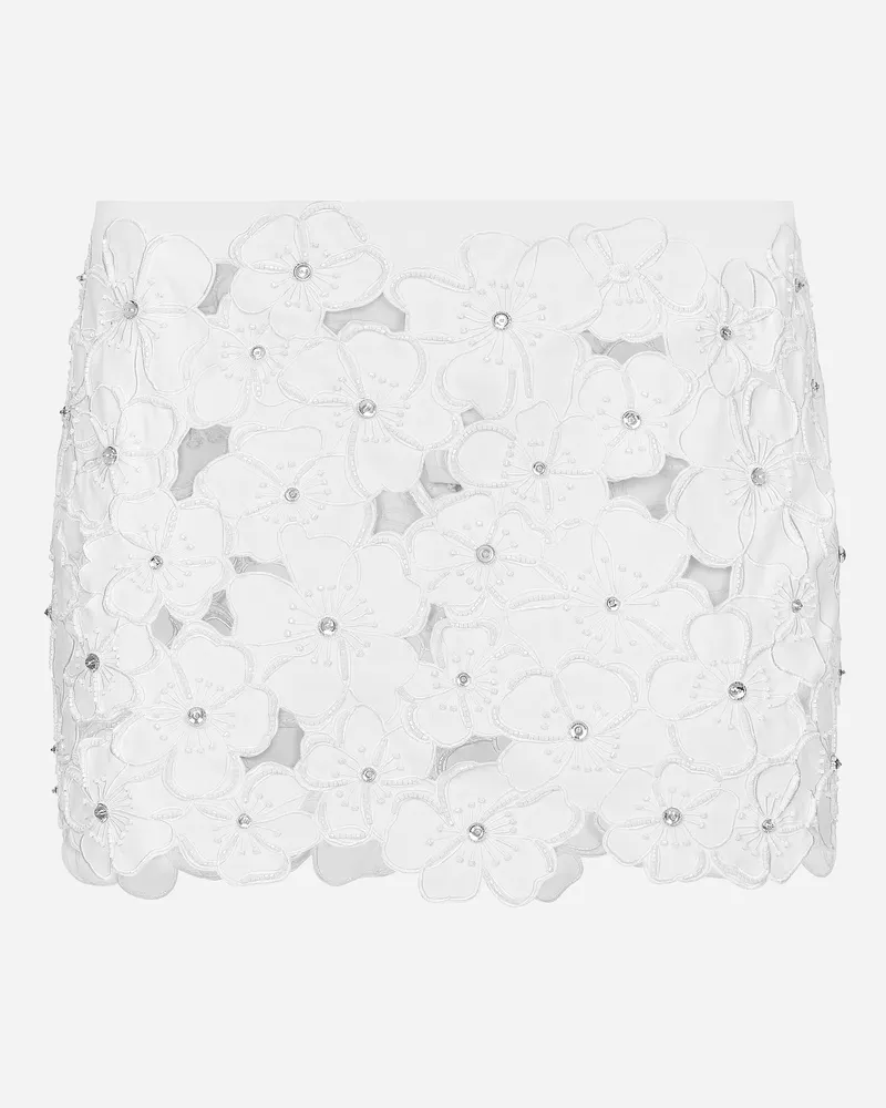 Dolce & Gabbana Minigonna In Cotone Con Ricamo Floreale E Decori Strass - Donna Gonne Bianco Bianco