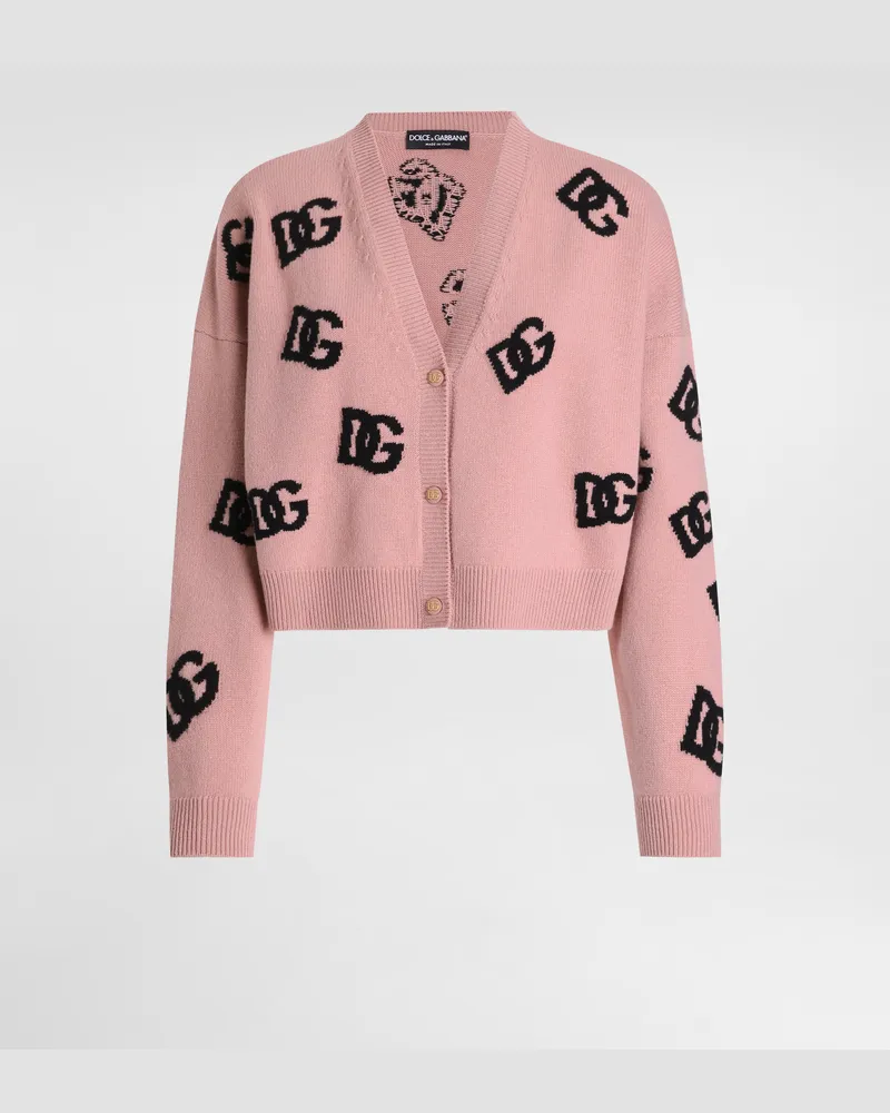 Dolce & Gabbana Cardigan Cropped In Lana Con Intarsio Logo Dg - Donna Maglioni E Cardigan Rosa Rosa