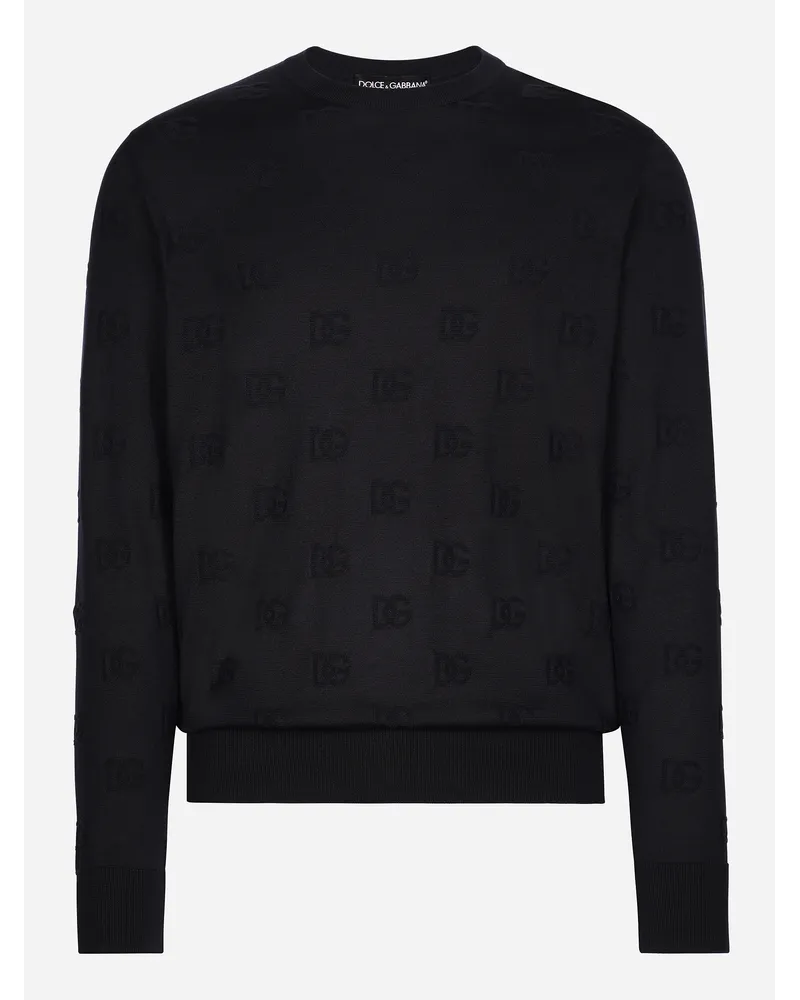 Dolce & Gabbana Maglia Girocollo In Seta Intarsio Dg Allover - Uomo Maglieria Blu Blu
