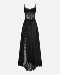 Dolce & Gabbana Abito Lungo A Sottoveste In Chiffon Di Seta E Pizzo Chantilly - Donna Abiti Nero Seta Nero