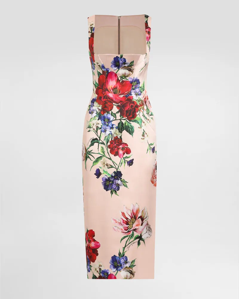 Dolce & Gabbana Abito Longuette A Tubino In Raso Stampa Fiori - Donna Abiti Stampa Stampa
