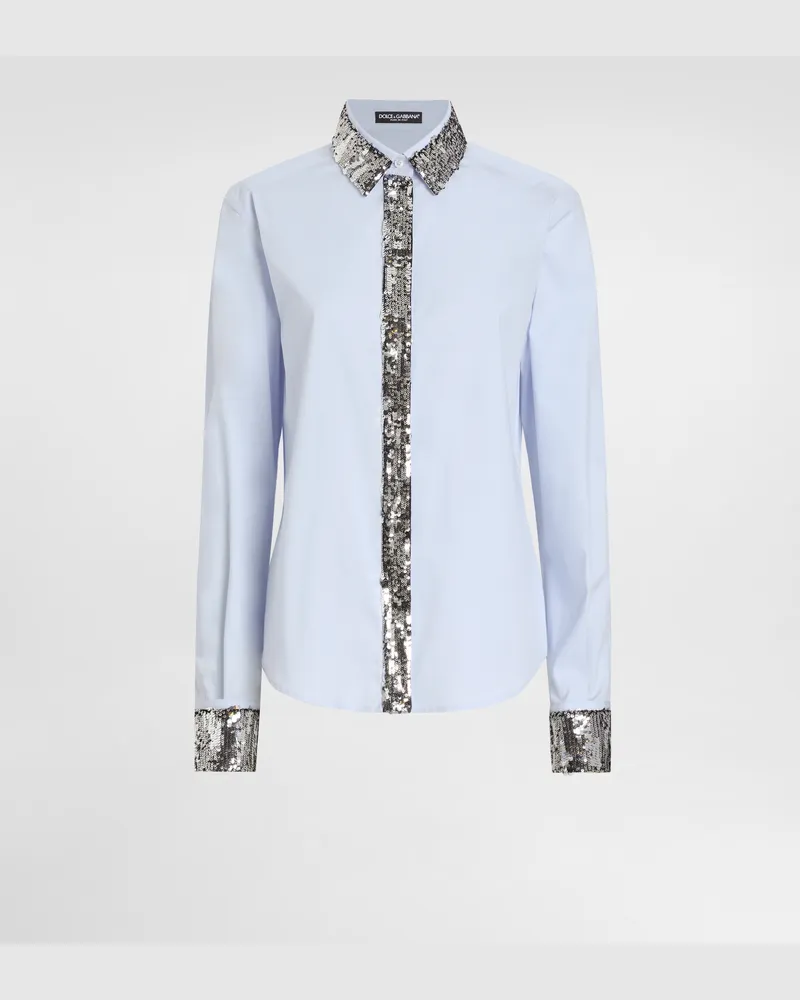 Dolce & Gabbana Camicia In Popeline Di Cotone Con Dettagli In Paillettes - Donna Camicie E Top Azzurro Cotone Azzurro-grigio