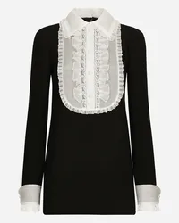 Dolce & Gabbana Abito Corto In Crêpe Di Lana Con Plastron In Organza - Donna Abiti Nero Lana Nero