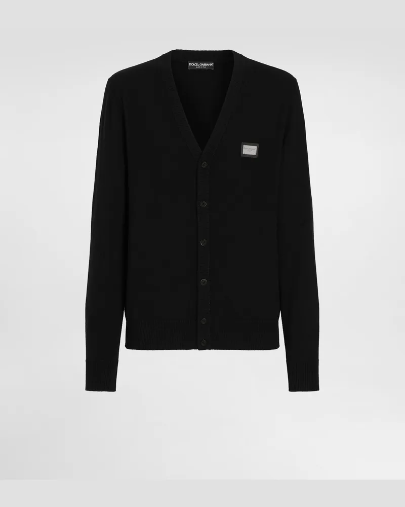 Dolce & Gabbana Cardigan In Lana E Cashmere Con Placca Logata - Uomo Maglieria Nero Nero