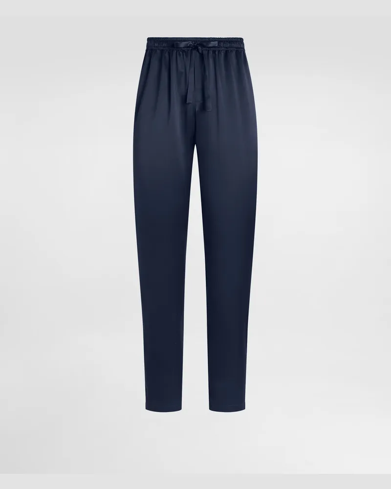 Dolce & Gabbana Pantaloni Pigiama In Seta Logo Ricamato - Uomo Pantaloni E Shorts Blu Seta Blu