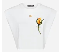 Dolce & Gabbana T-shirt Cropped In Jersey Con Logo Dg E Ricamo Rosa Patch - Donna T-shirts E Felpe Bianco Bianco