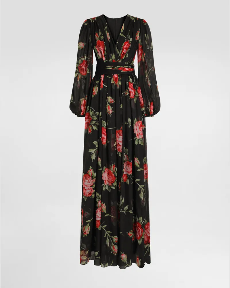 Dolce & Gabbana Abito Lungo In Chiffon Stampa Bouquet Rose - Donna Abiti Multicolore Multicolore