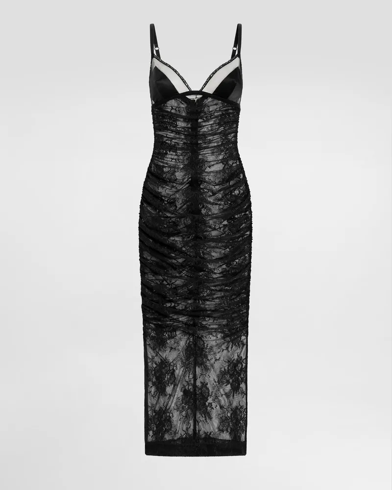 Dolce & Gabbana Abito Longuette A Sottoveste In Pizzo Chantilly Stretch - Donna Abiti Nero Nero