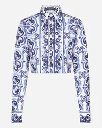 Dolce & Gabbana Camicia Corta In Popeline Stampa Maiolica - Donna Camicie E Top Blu Cotone Tris